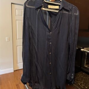 Free People Navy Sheer Button-Up Blouse